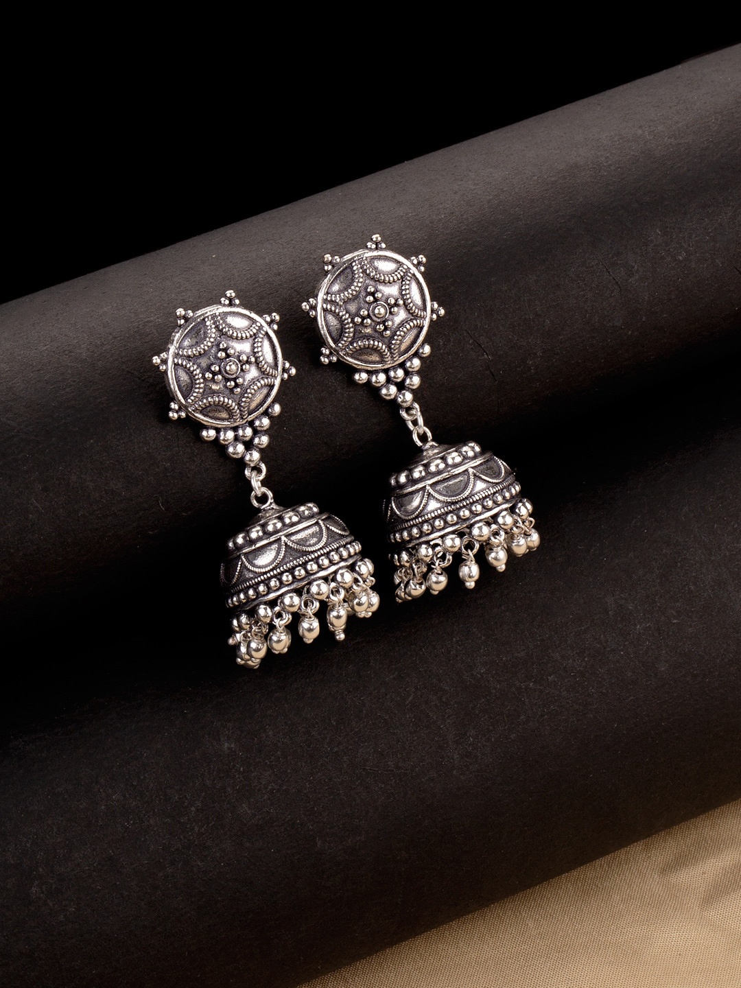 

Voylla Silver-Plated Black Oxidised Dome Shaped Jhumkas
