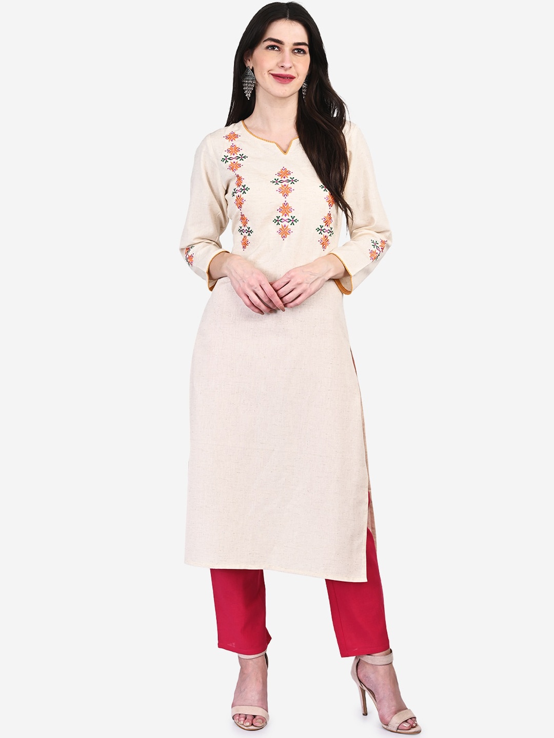 

Be Indi Women V-Neck Floral Straight Side Slits Regular Kurta, Off white