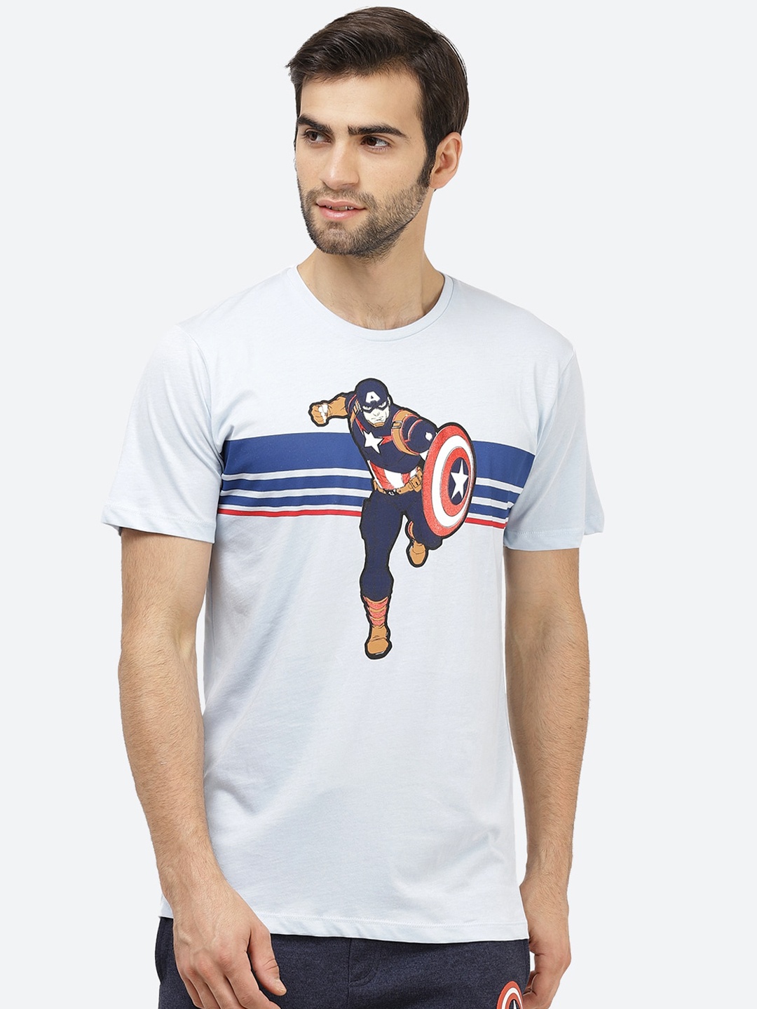 

Free Authority Men Blue Captain America Printed Round Neck Pure Cotton T-shirt