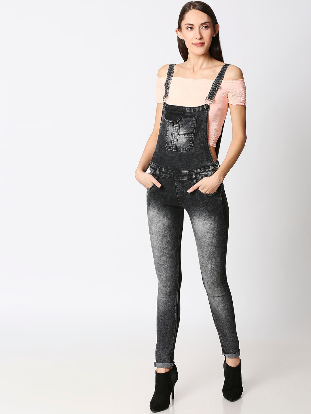 

High Star Women Black Washed Slim-Fit Denim Dungarees