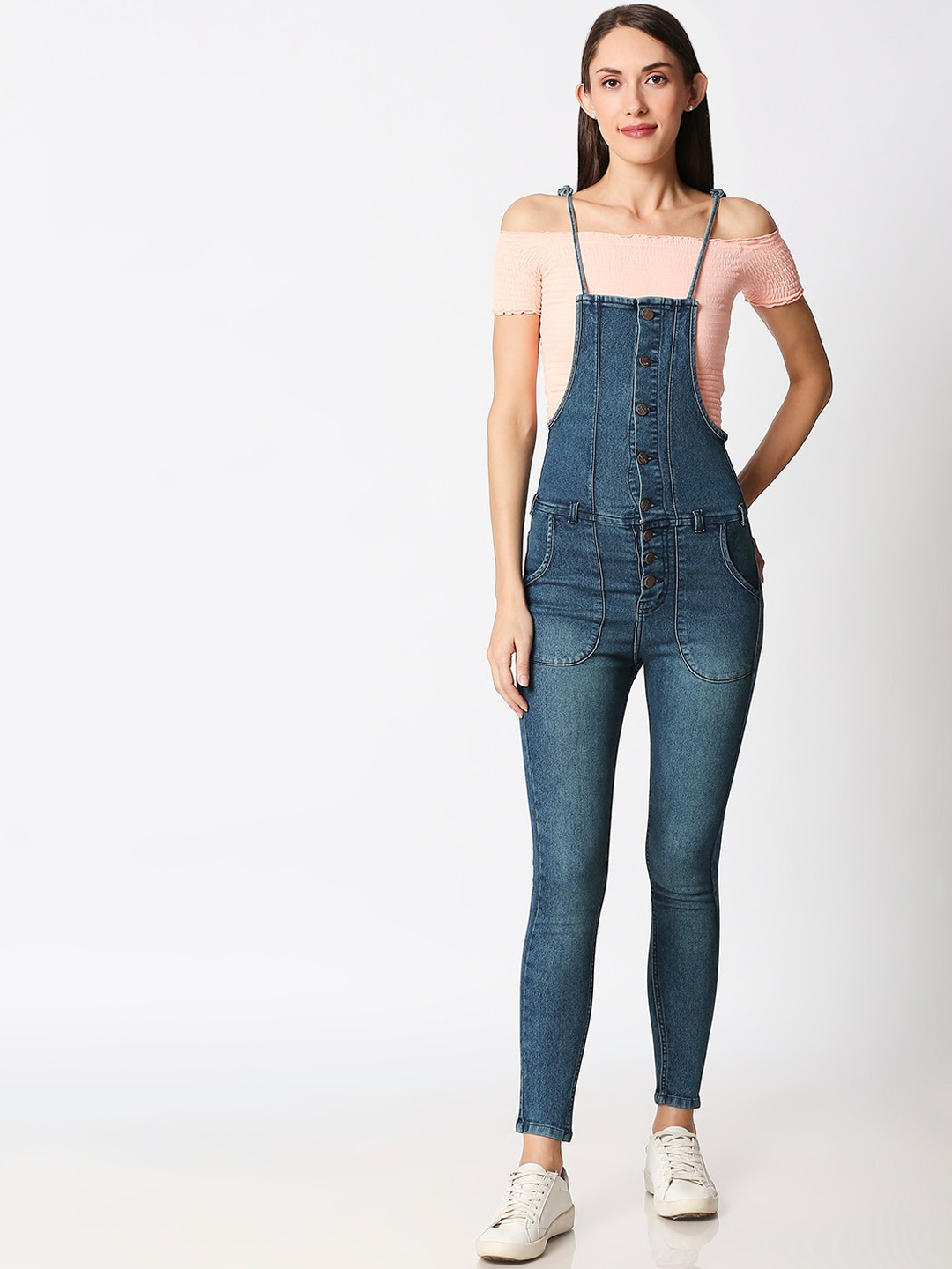 

High Star Women Blue Solid Slim-Fit Denim Dungarees
