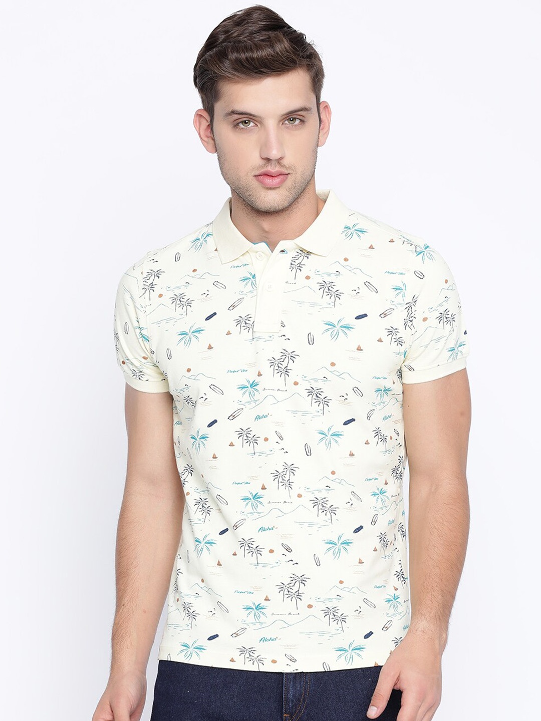 

Basics Men Yellow Printed Muscle Fit Polo Collar Cotton T-shirt