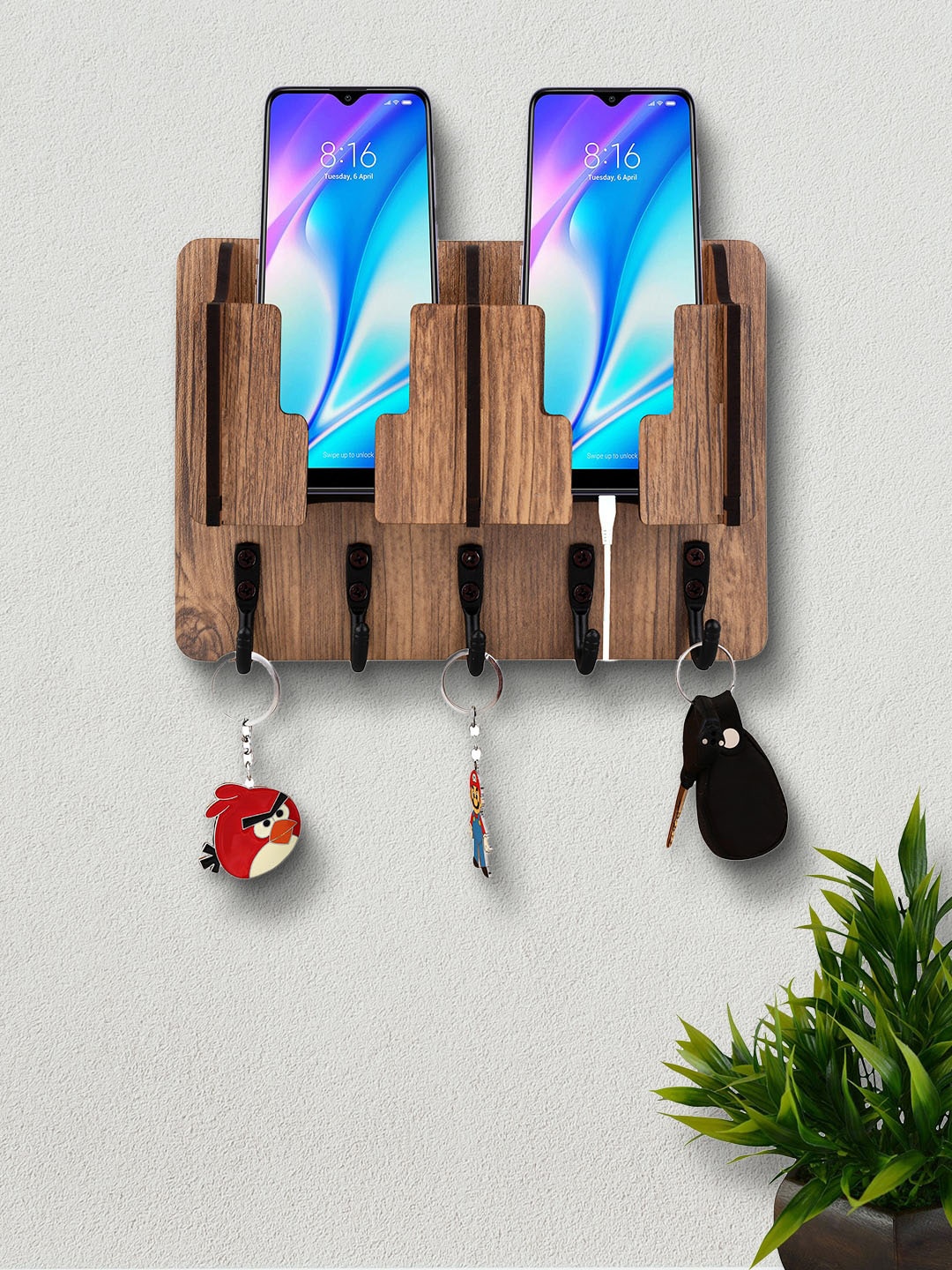 

ROMEE Brown Solid Wooden Key Holder & Mobile Stand Holder