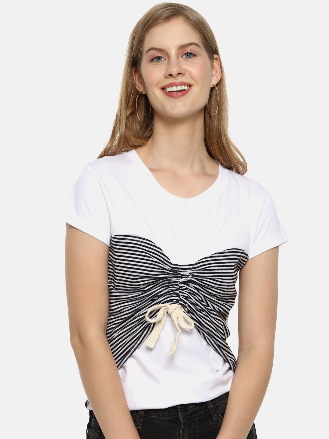 

Campus Sutra White & Black Striped Pure Cotton Regular Top