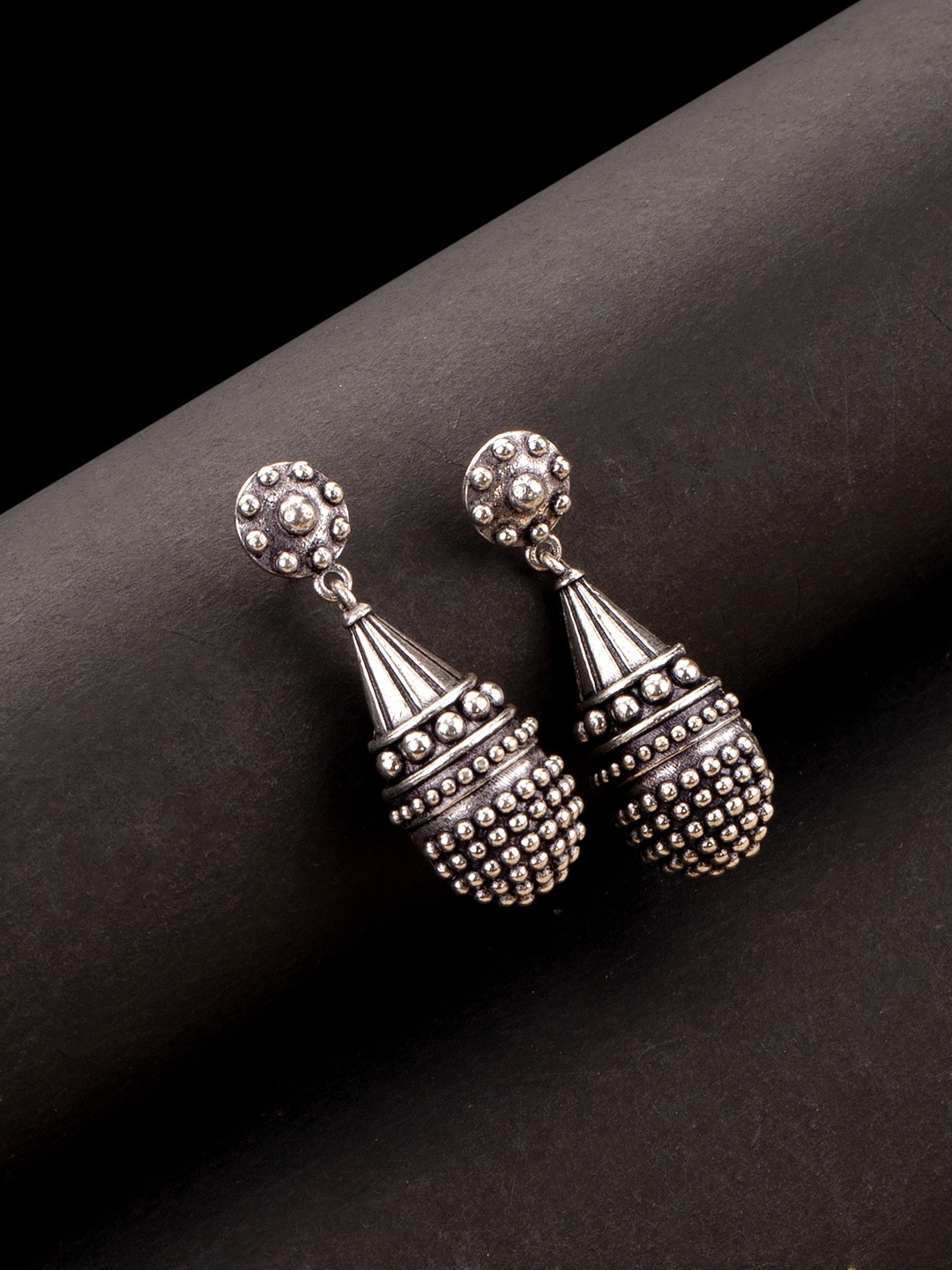 

Voylla Silver-Plated Black Oxidized Contemporary Drop Earrings