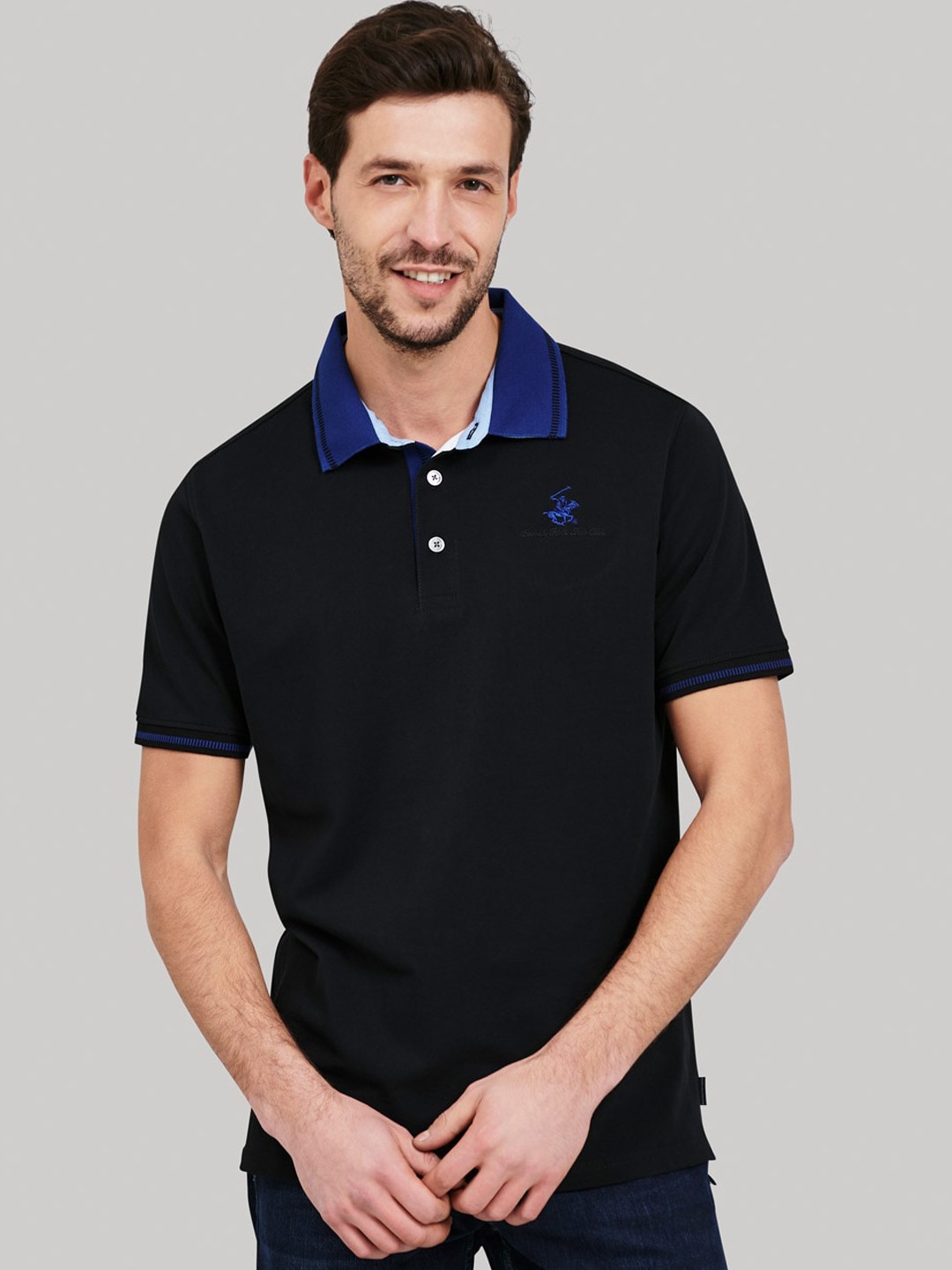 Beverly Hills Polo Club Men Black Solid Polo Collar T-shirt