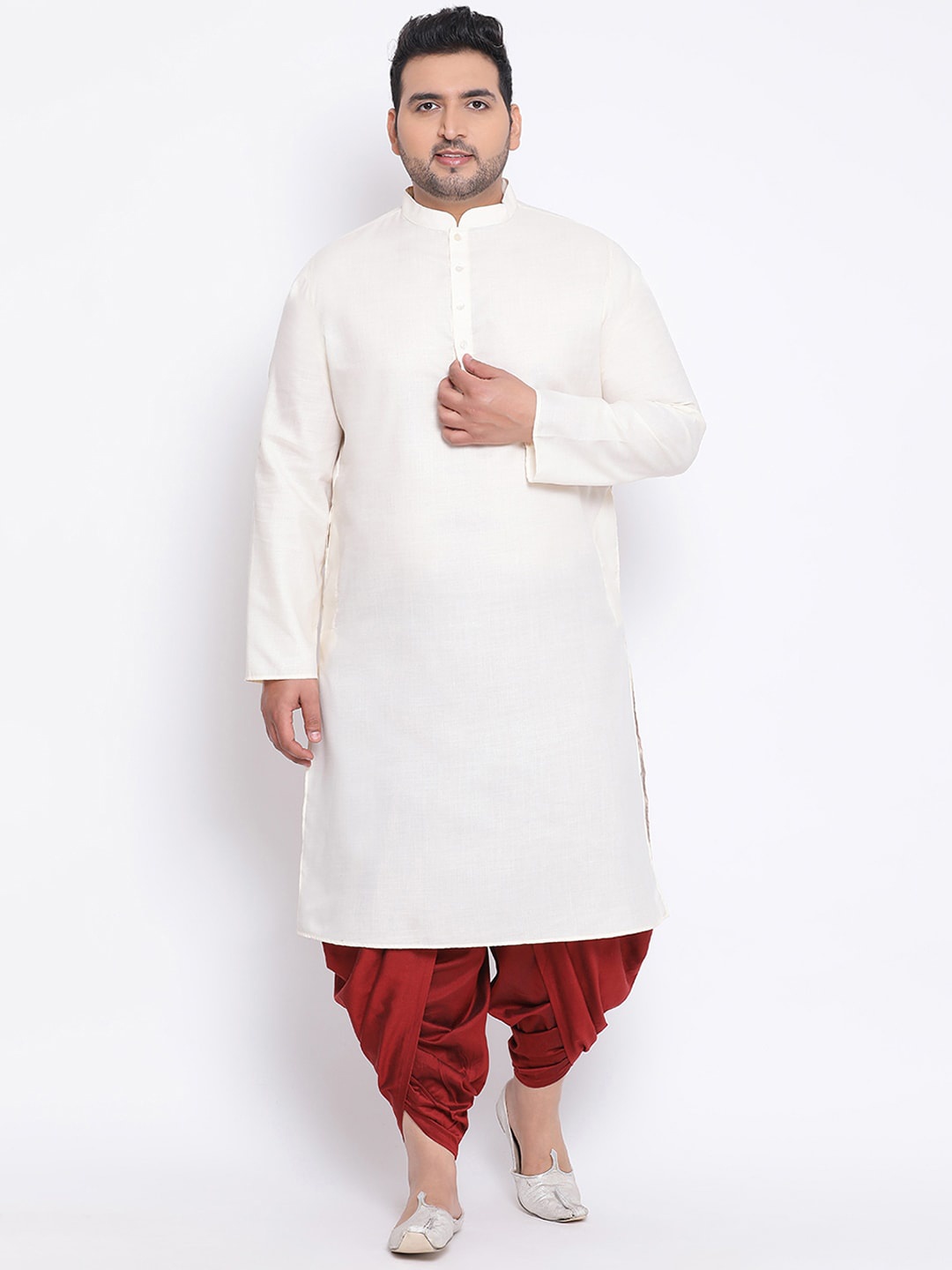 

KISAH PLUS Men White & Maroon Solid Kurta with Dhoti Pants