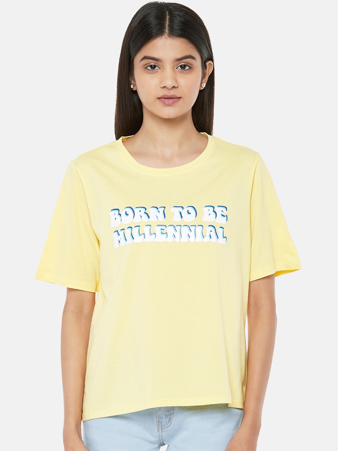 

People Women Yellow Blue Printed Round Neck Cotton Pure Cotton T-shirt