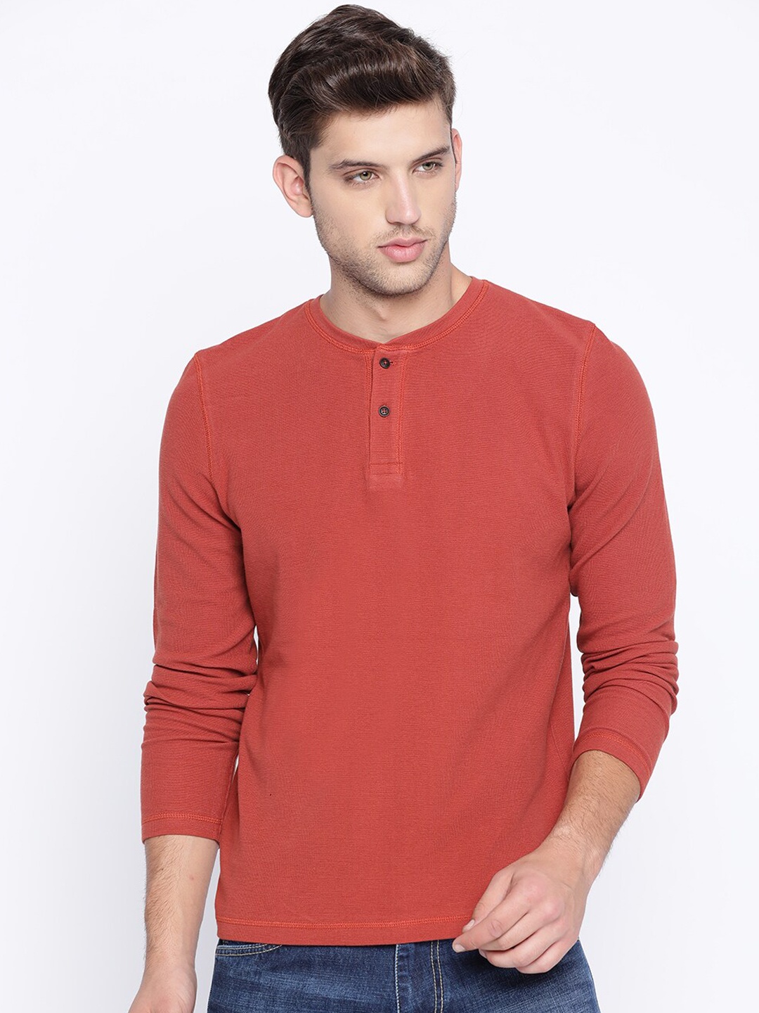 

Basics Men Orange Solid Muscle Fit Cotton Henley Neck T-shirt