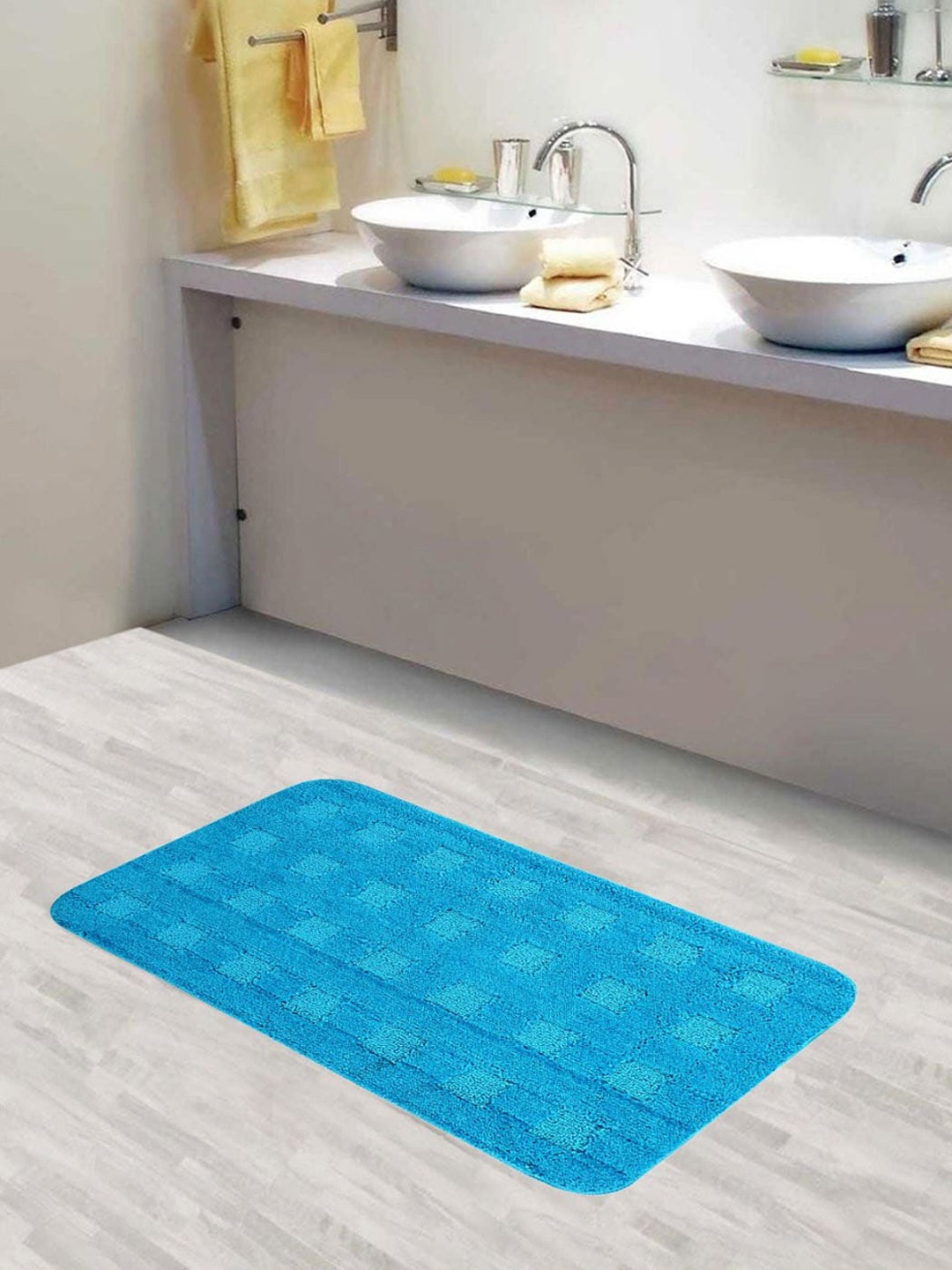 Lushomes Blue Self-Checked Anti-Slip Rectangular Bath Rug