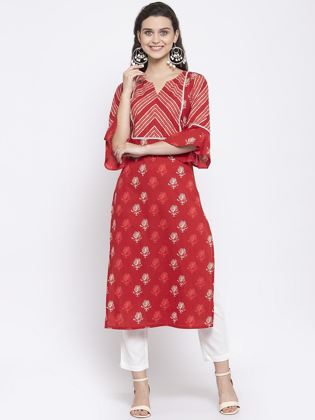 

Indibelle Women Red & Off White Ethnic Motifs Printed Bell Sleeves Kurta