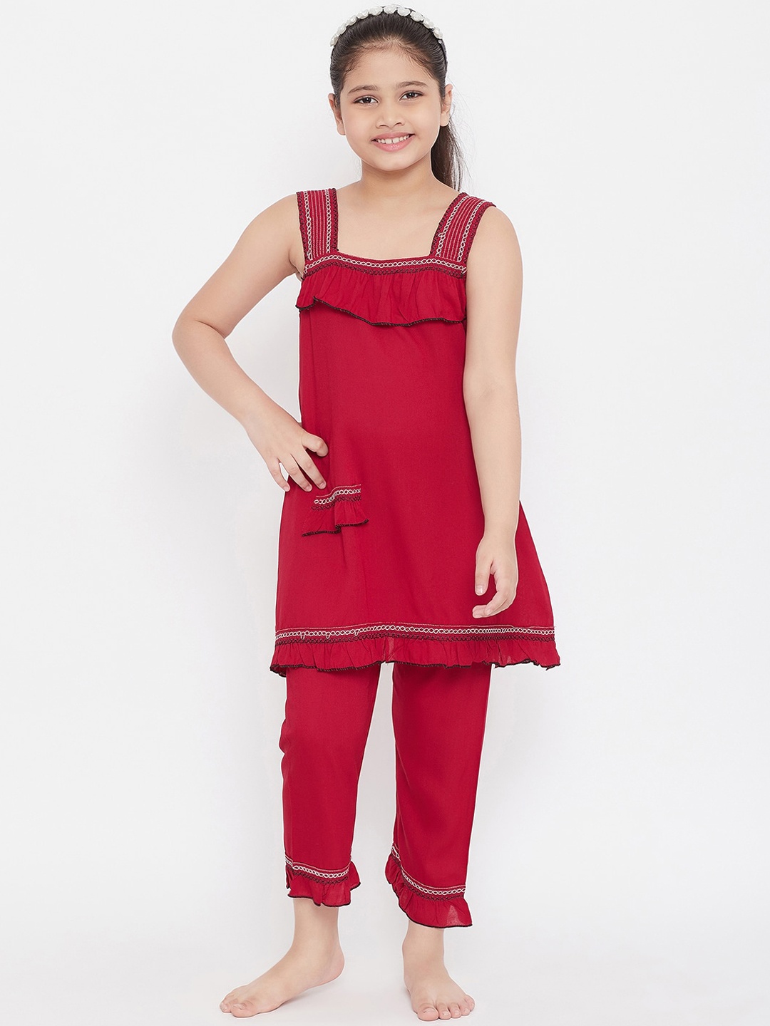 

Baani Creations Girls Red Solid Night suit