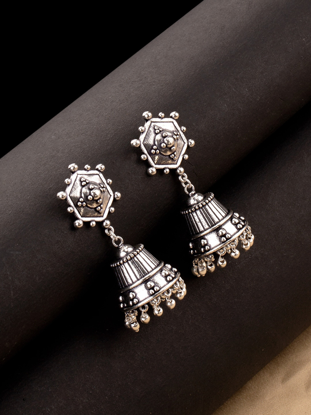 

Voylla Silver-Plated Black Oxidised Dome Shaped Jhumkas