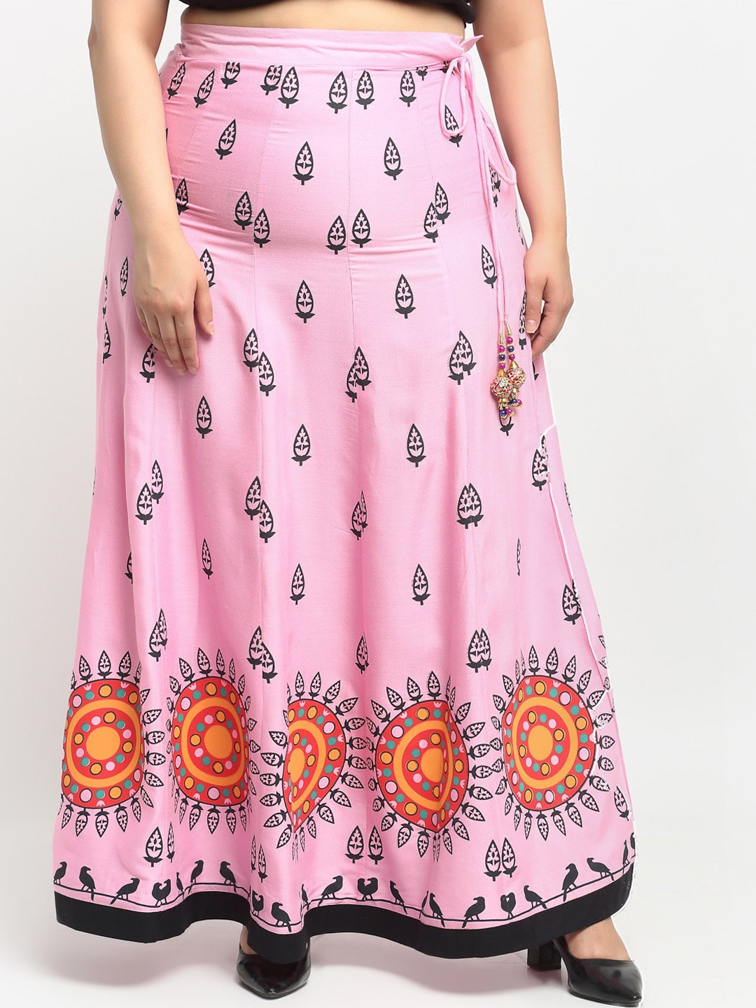 

Flambeur Women Plus Size Pink & Black Printed Pure Cotton Flared Maxi Skirt