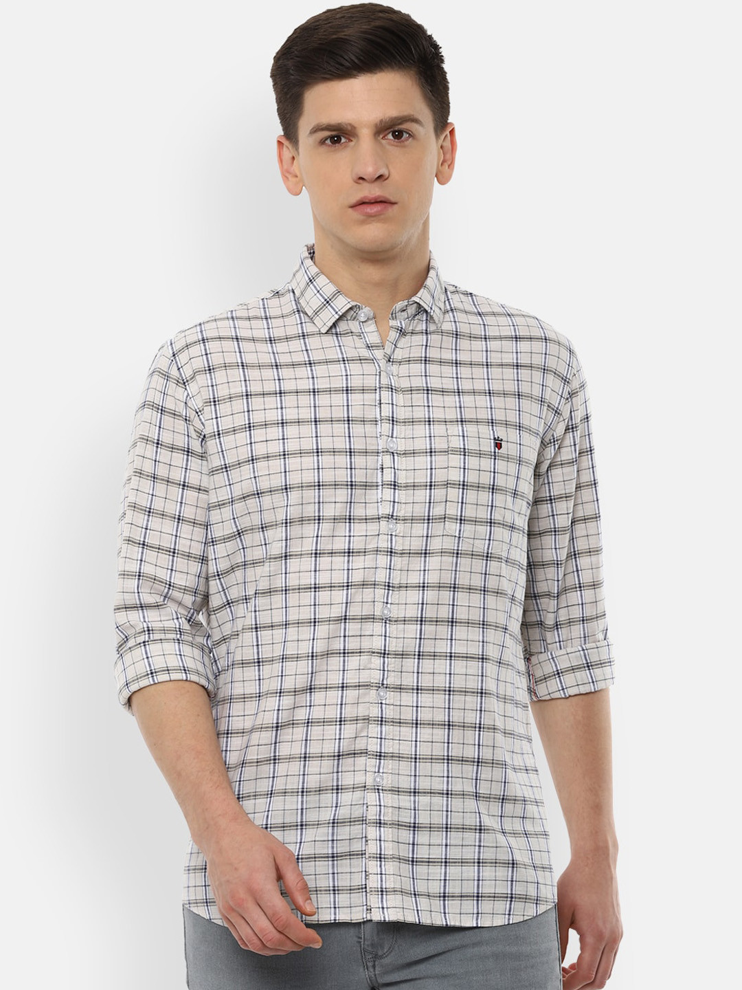 

Louis Philippe Jeans Men Beige Slim Fit Checked Casual Shirt