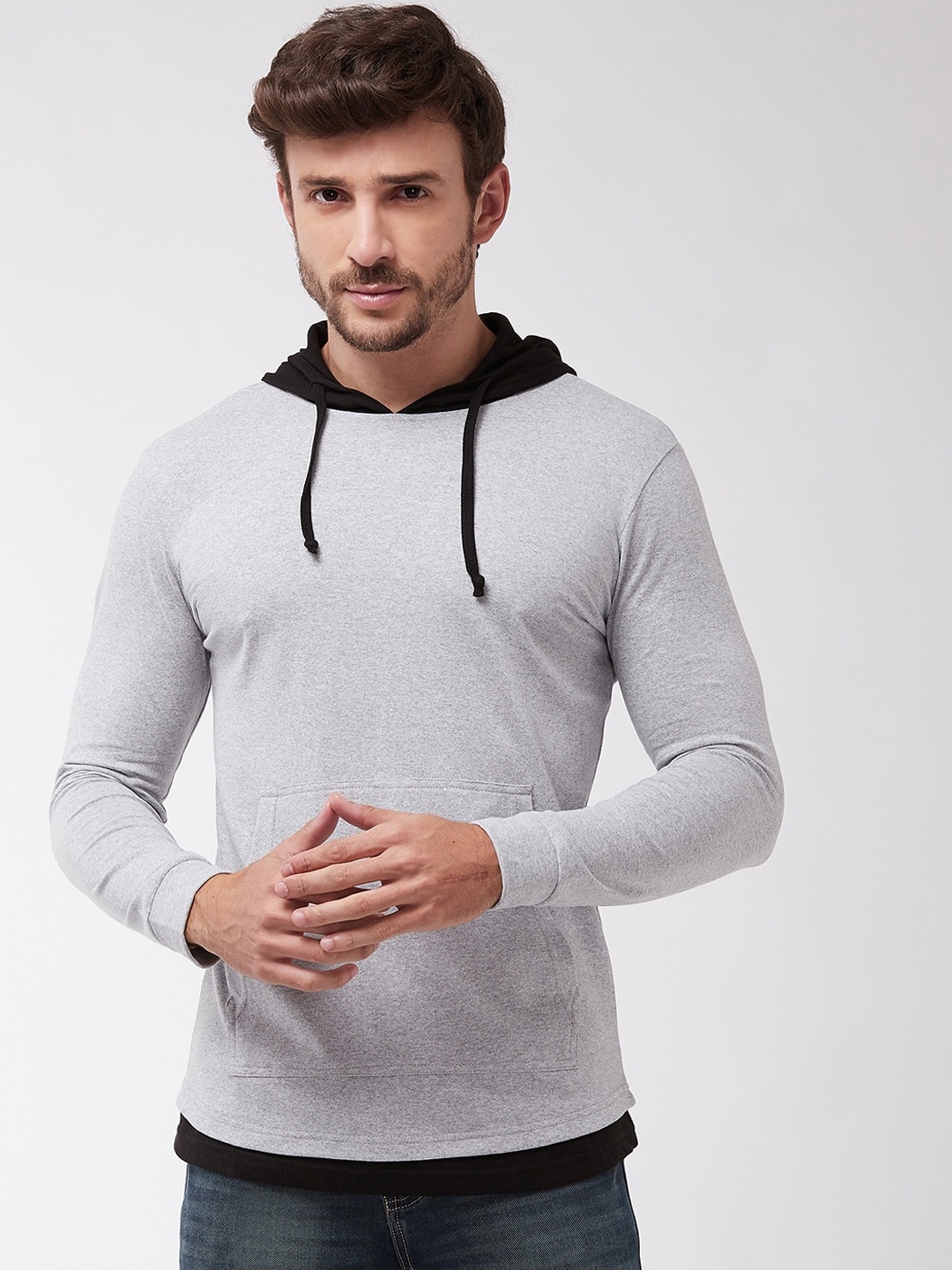 

GRITSTONES Men Grey & Black Solid Hood T-shirt