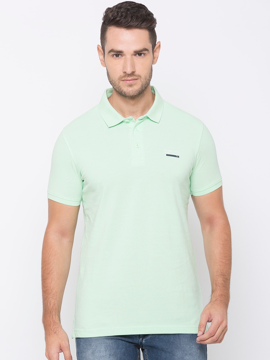 

SPYKAR Men Green Solid Polo Collar Activewear Cotton Pure Cotton T-shirt