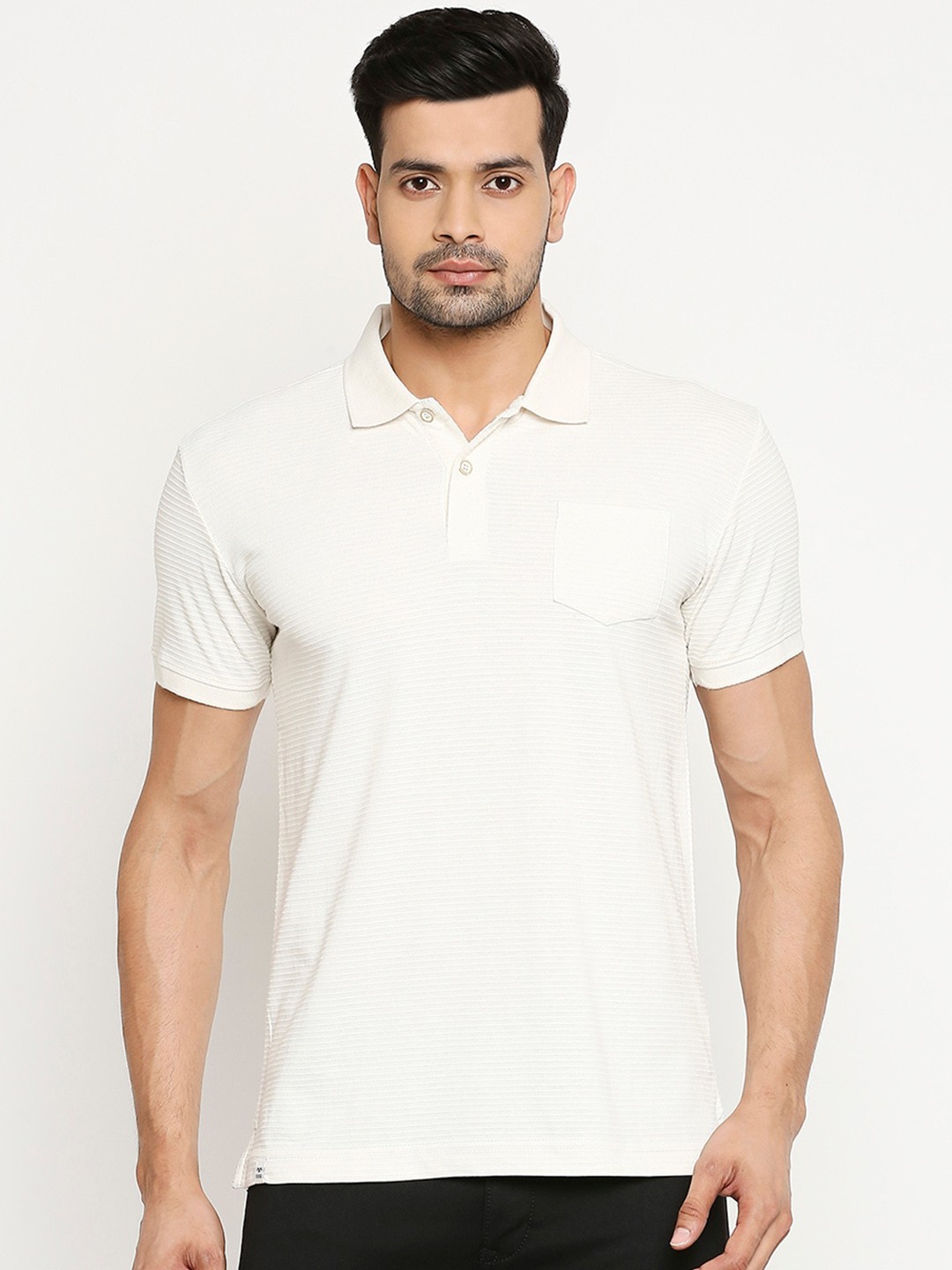 

Mufti Men Off-White Solid Polo Collar Pure Cotton T-shirt