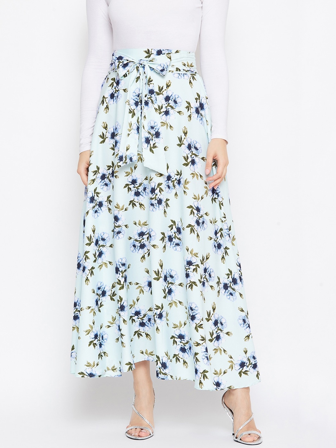 

Berrylush Green & Blue Printed Flared Maxi Skirt