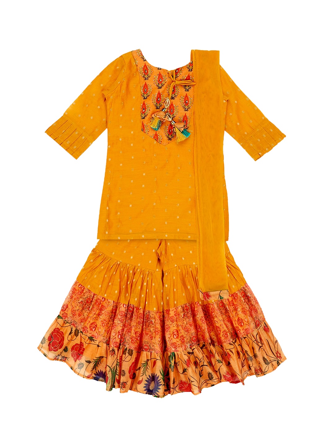 

SALWAR STUDIO Girls Mustard Yellow & Orange Yoke Design Kurti with Sharara & Dupatta