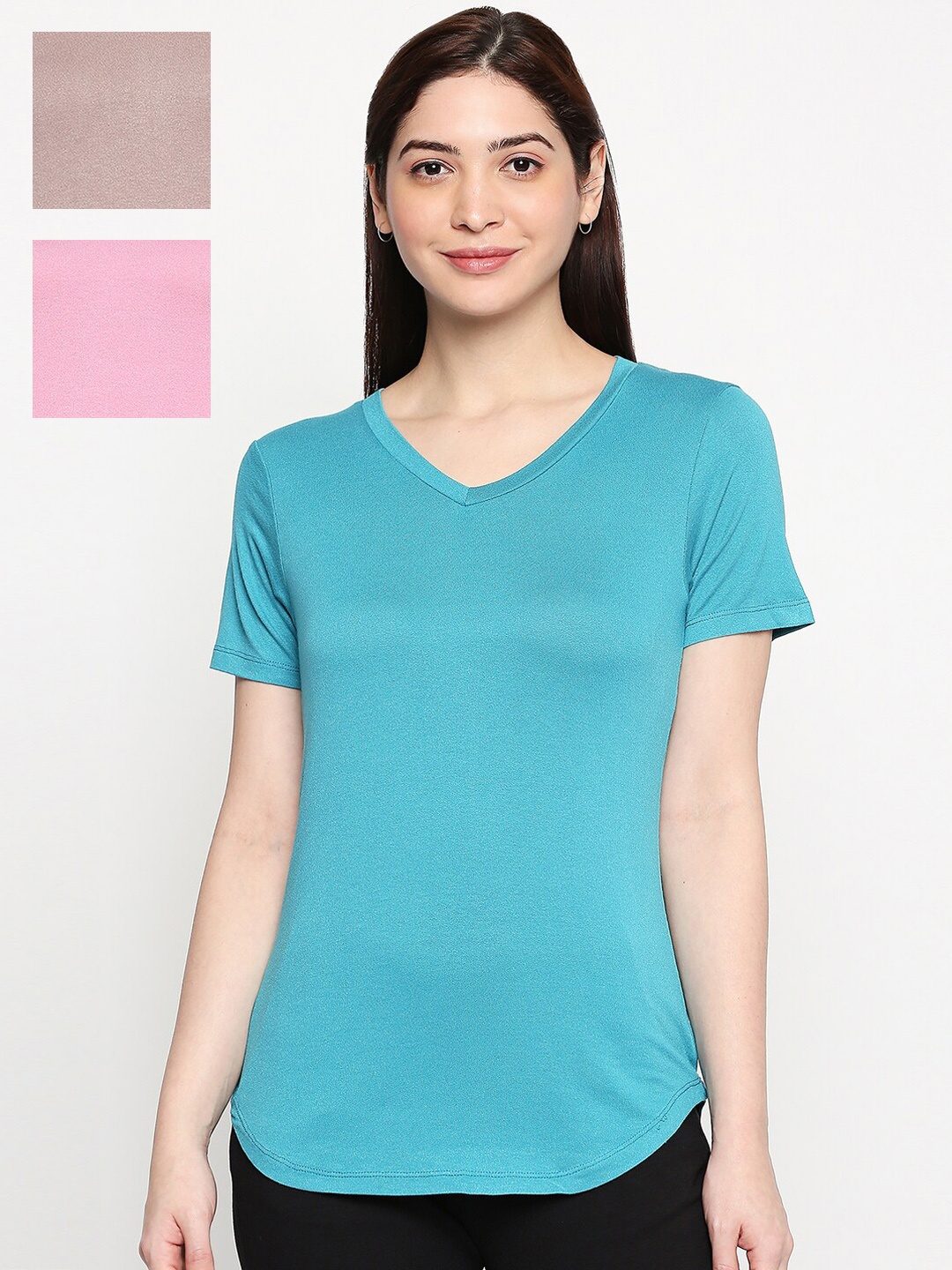 

inocenCia Women Pack of 3 Teal & Pink Solid V-Neck T-shirt