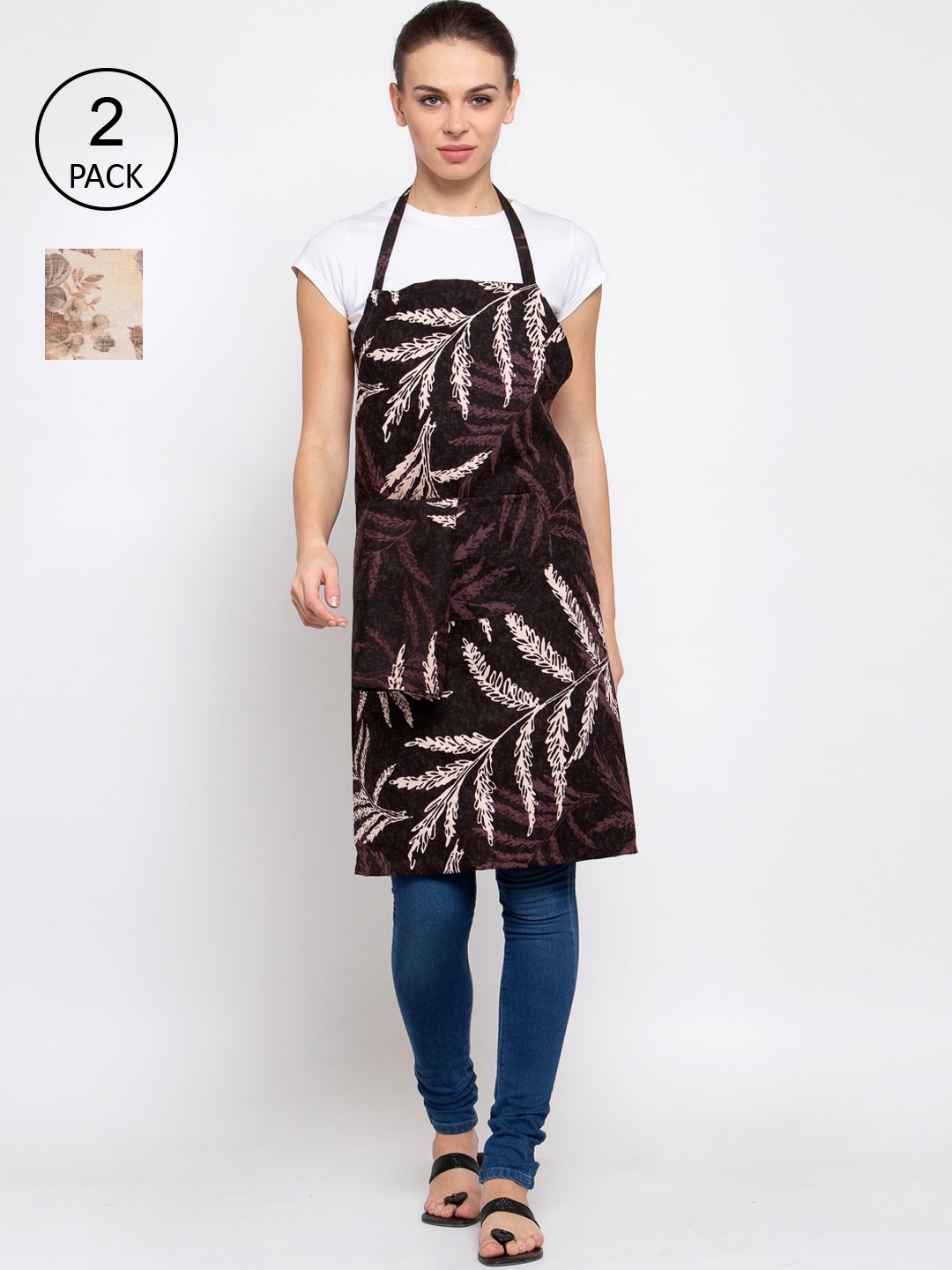 

KLOTTHE Pack Of 2 Printed 210 TC Cotton Aprons, Beige