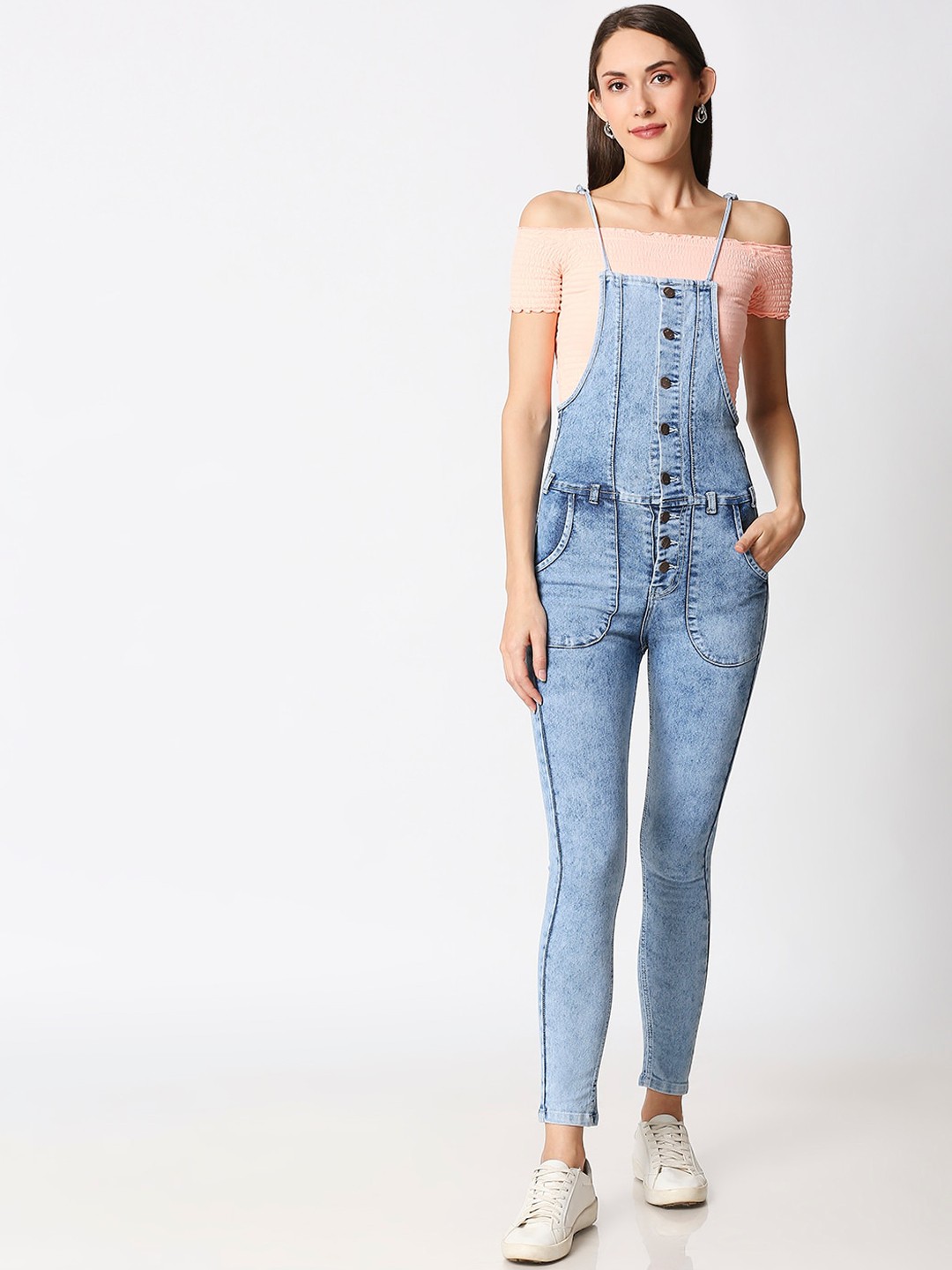 

High Star Women Blue Washed Solid Slim-Fit Denim Dungarees