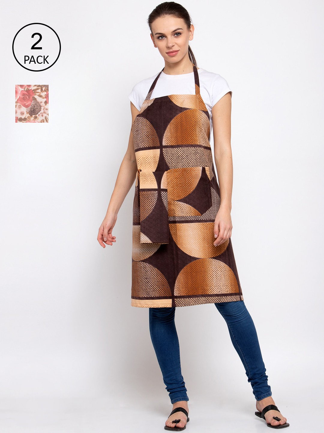 

KLOTTHE Pack Of 2 Printed 210 TC Cotton Aprons, Brown