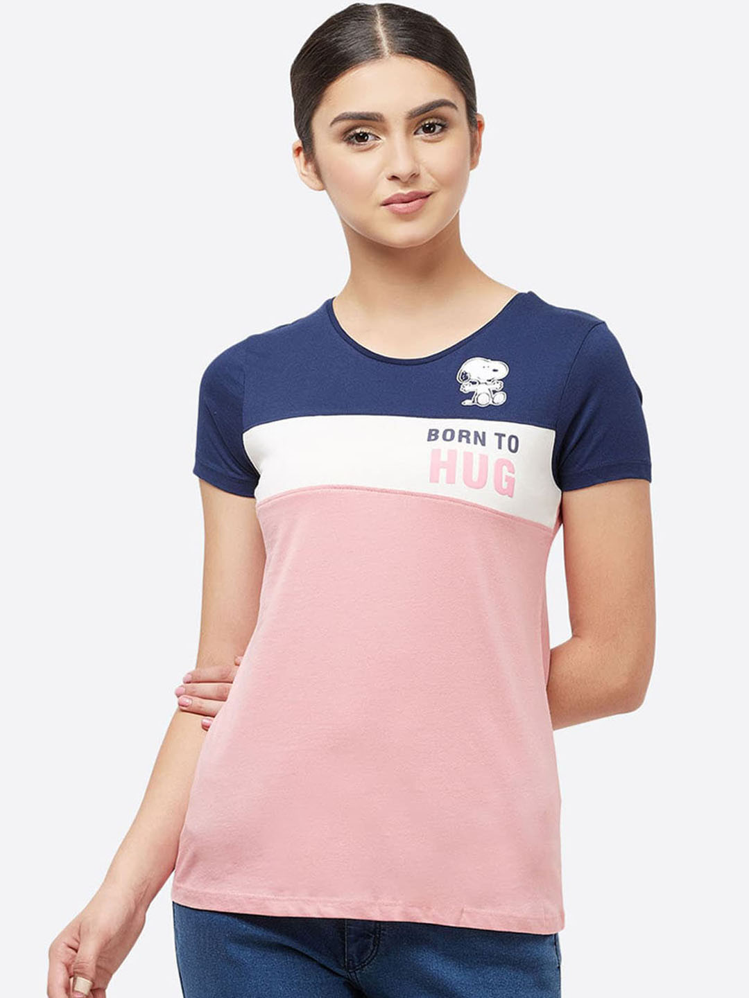 

Free Authority Women Pink Navy Blue Snoopy Printed Colourblocked Pure Cotton T-shirt