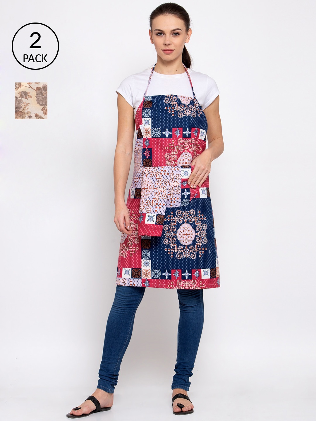 

KLOTTHE Pack Of 2 Printed 210 TC Cotton Aprons, Blue