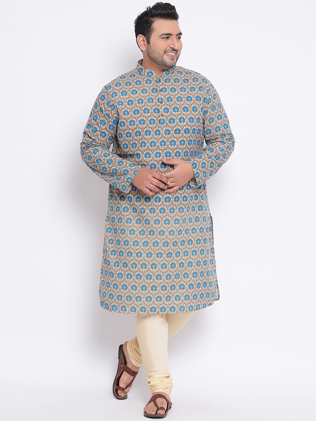 

KISAH PLUS Men Blue & Cream-Coloured Woven Design Kurta with Churidar