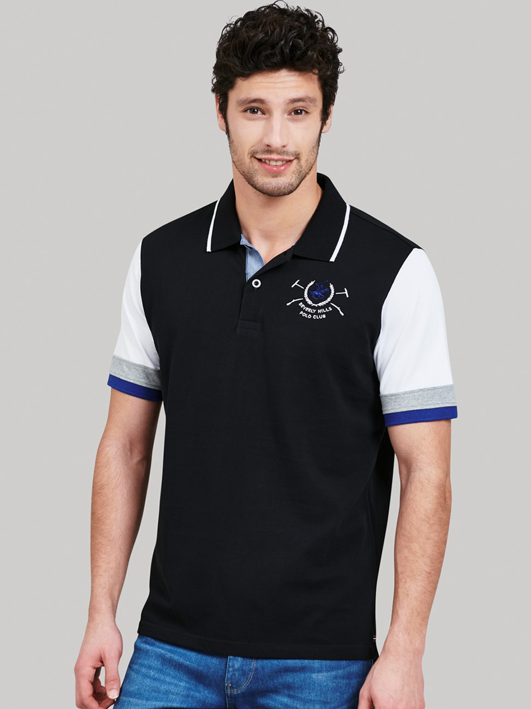 

Beverly Hills Polo Club Men Black Colourblocked Polo Collar T-shirt