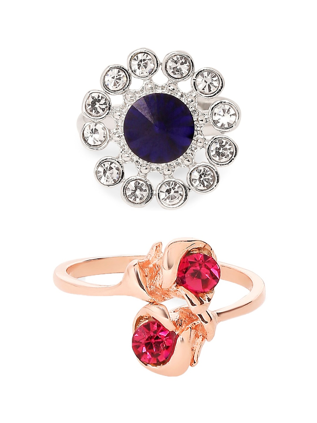

Mahi Set Of 2 Stone-Studded Floral Design Adjustable Finger Rings, Rose gold