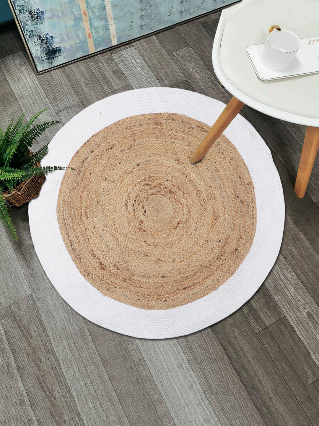 

HomeStorie Beige & White Natural Jute & Cotton Sustainable Round Floor-Wall Carpet