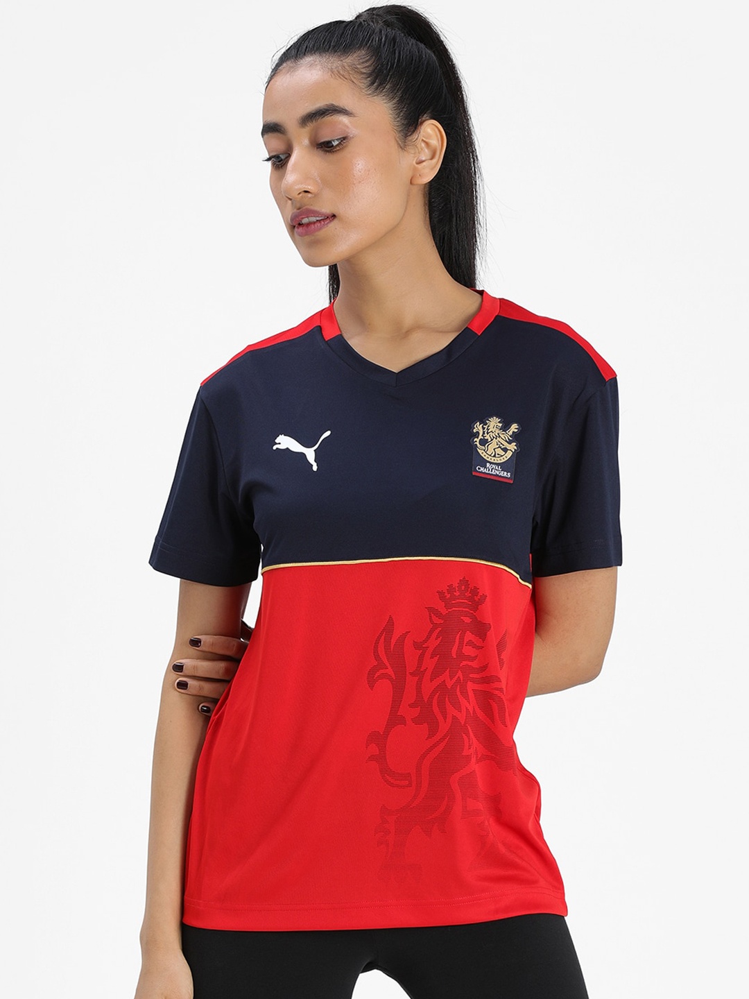

Puma Women Navy Blue Royal Challengers Bangalore Colourblocked V-Neck T-shirt