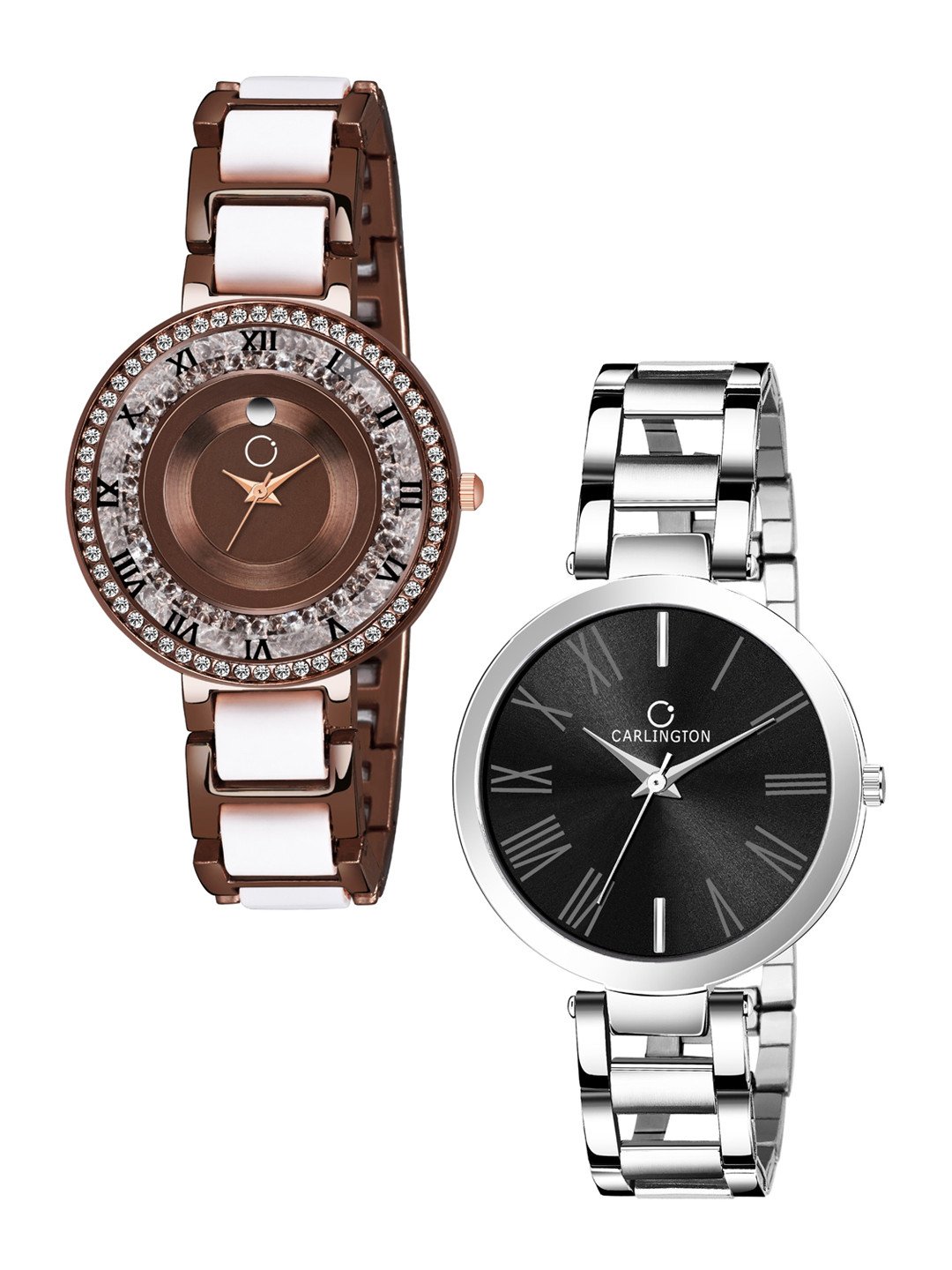 

CARLINGTON Pack Of 2 Stainless Steel Analogue Watch Combo Mova BrownWhite and 112 Black, Brown