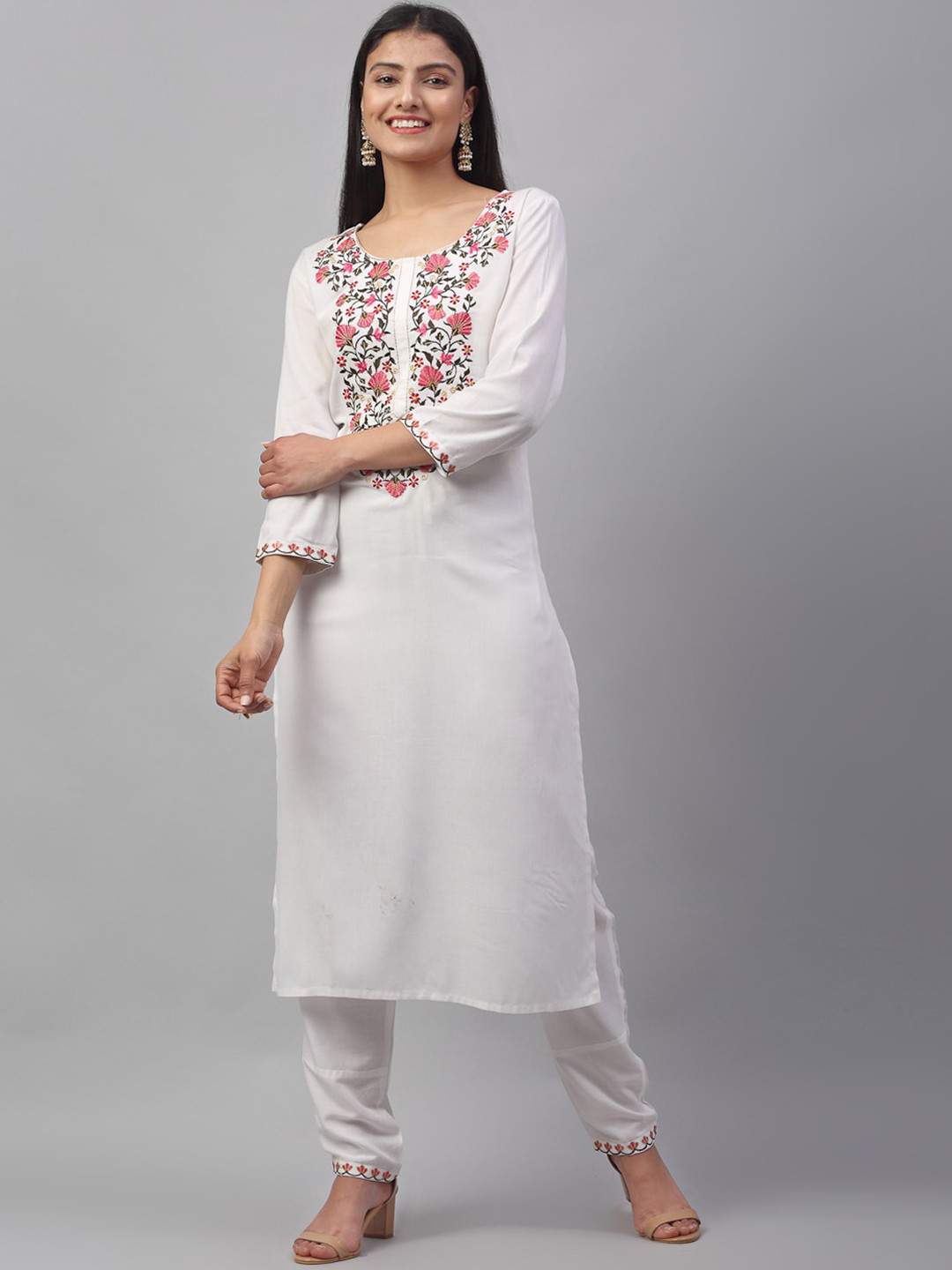 

ANAISA Women White Embroidered Kurta with Trousers