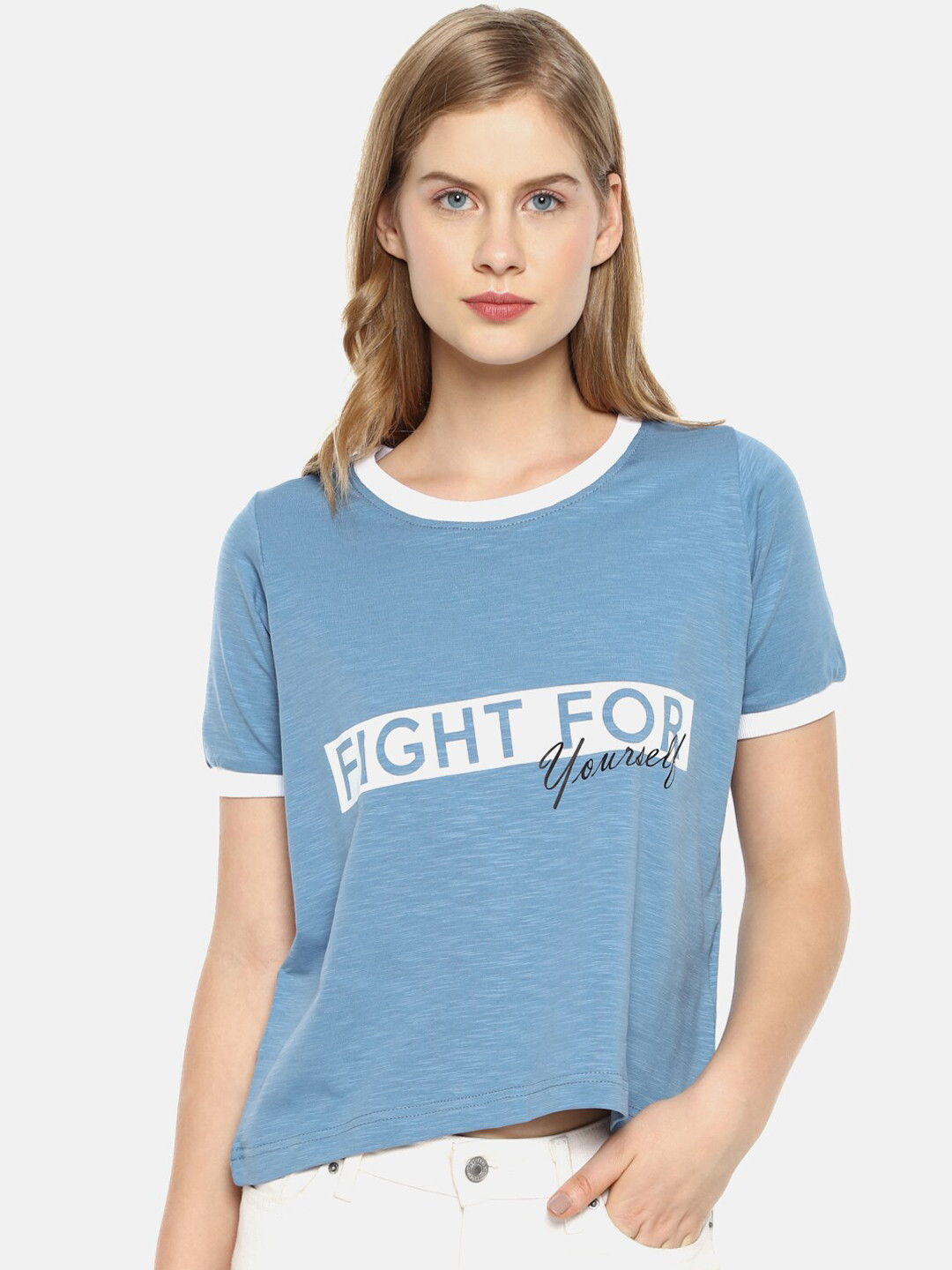

Campus Sutra Blue Printed Pure Cotton Regular Top