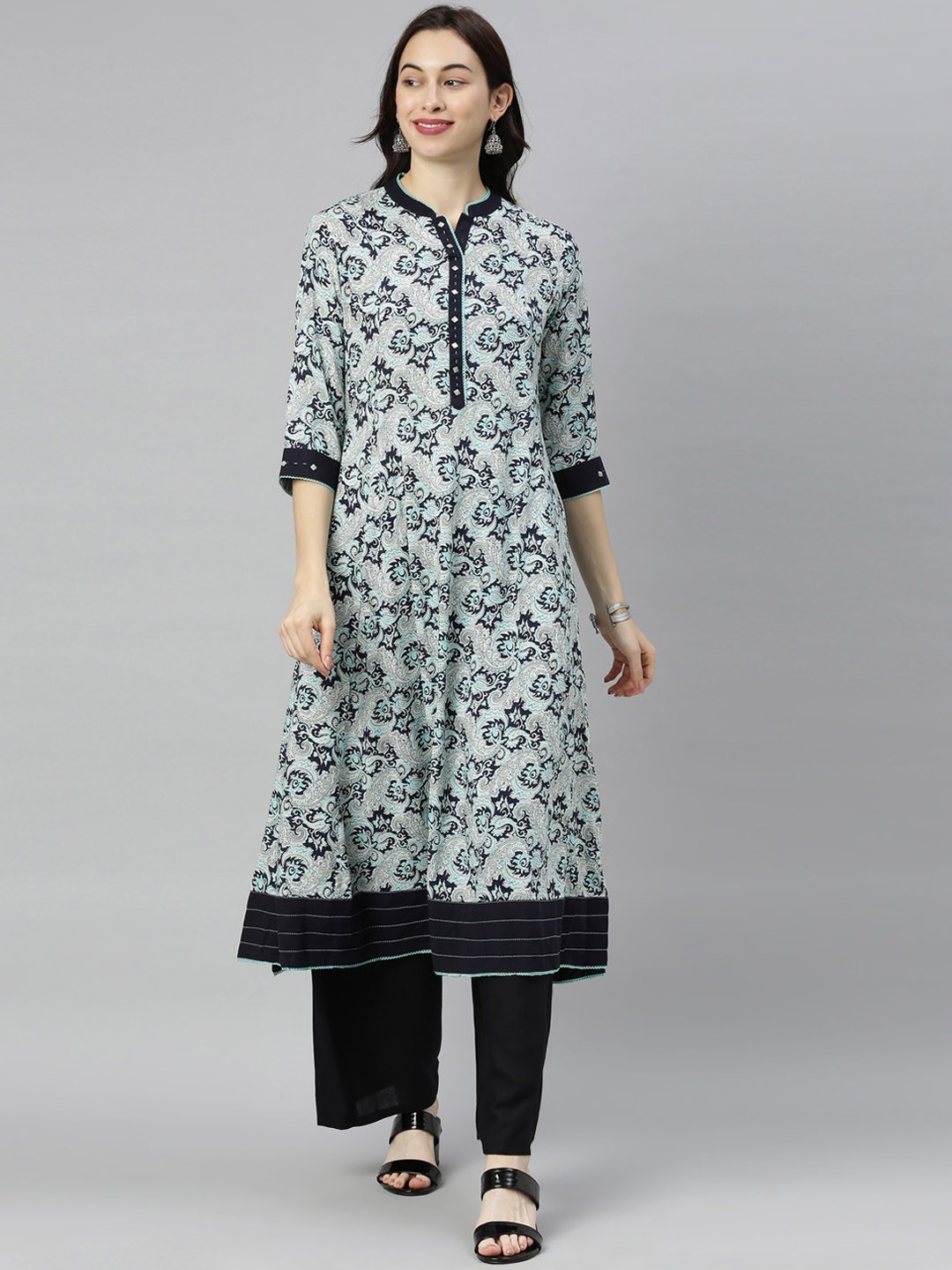 

Neerus Women Sea Green & Navy Blue Ethnic Motifs Printed A-Line Kurta