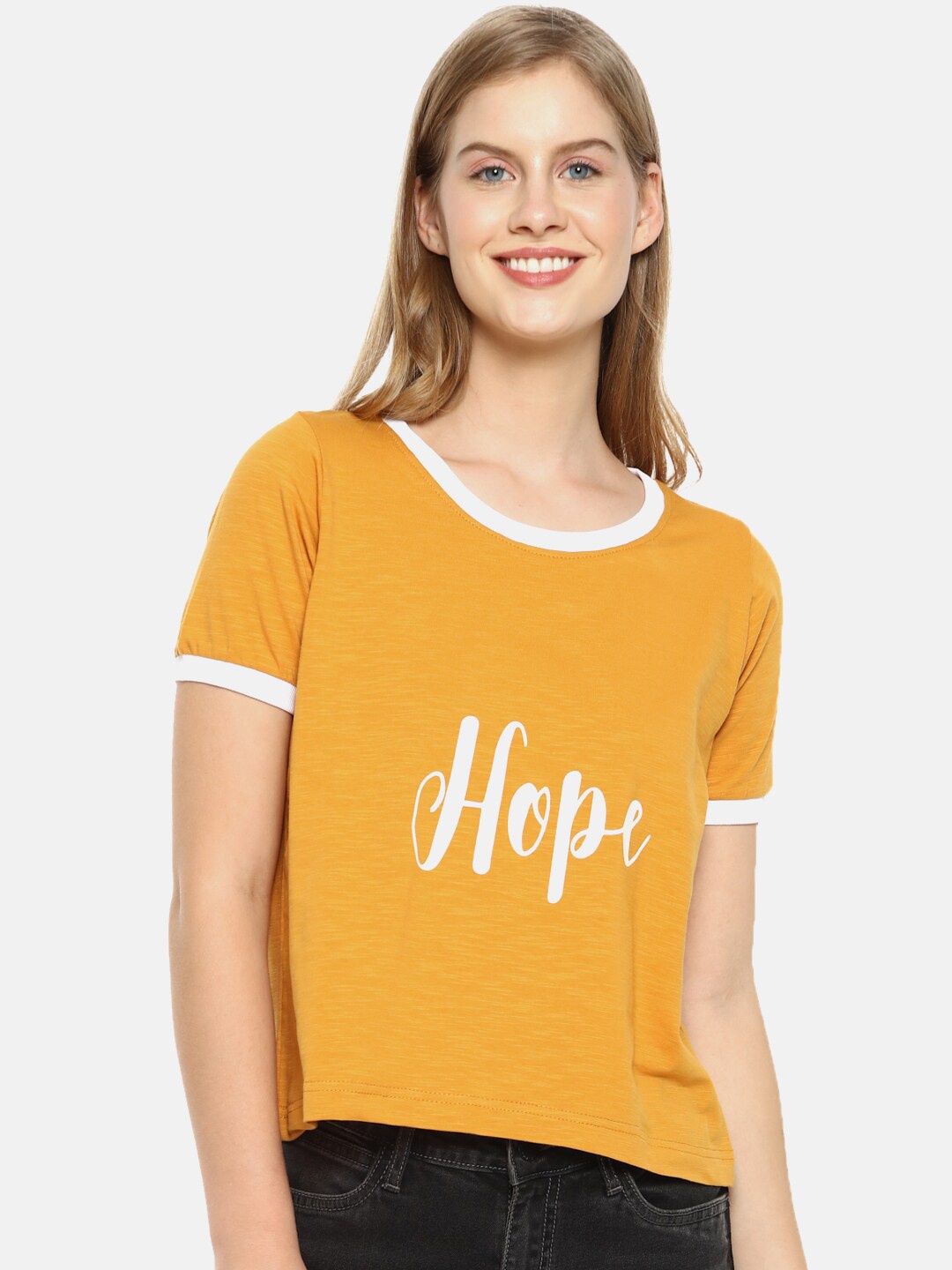 

Campus Sutra Mustard Yellow Printed Pure Cotton Regular Top