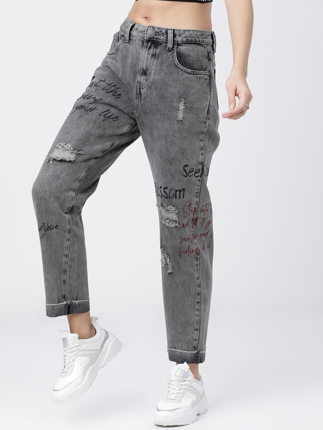 

Tokyo Talkies Women Grey Boyfriend Fit Mid-Rise Highly Distressed Jeans