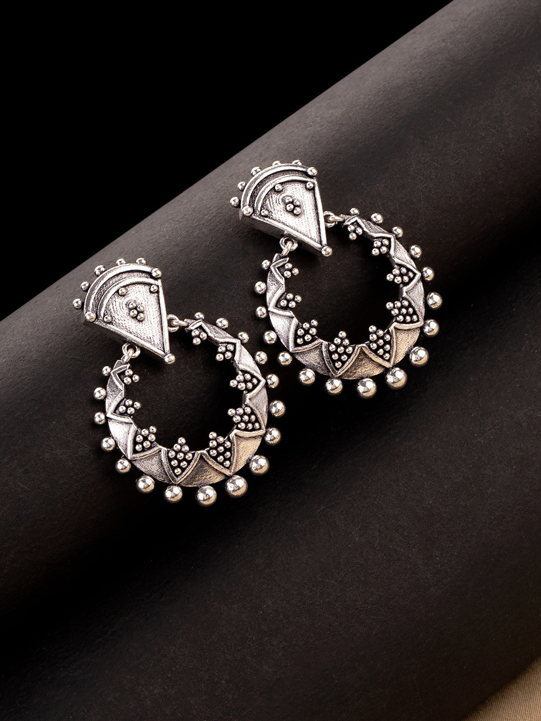 

Voylla Silver-Toned Oxidized Circular Hoop Earrings