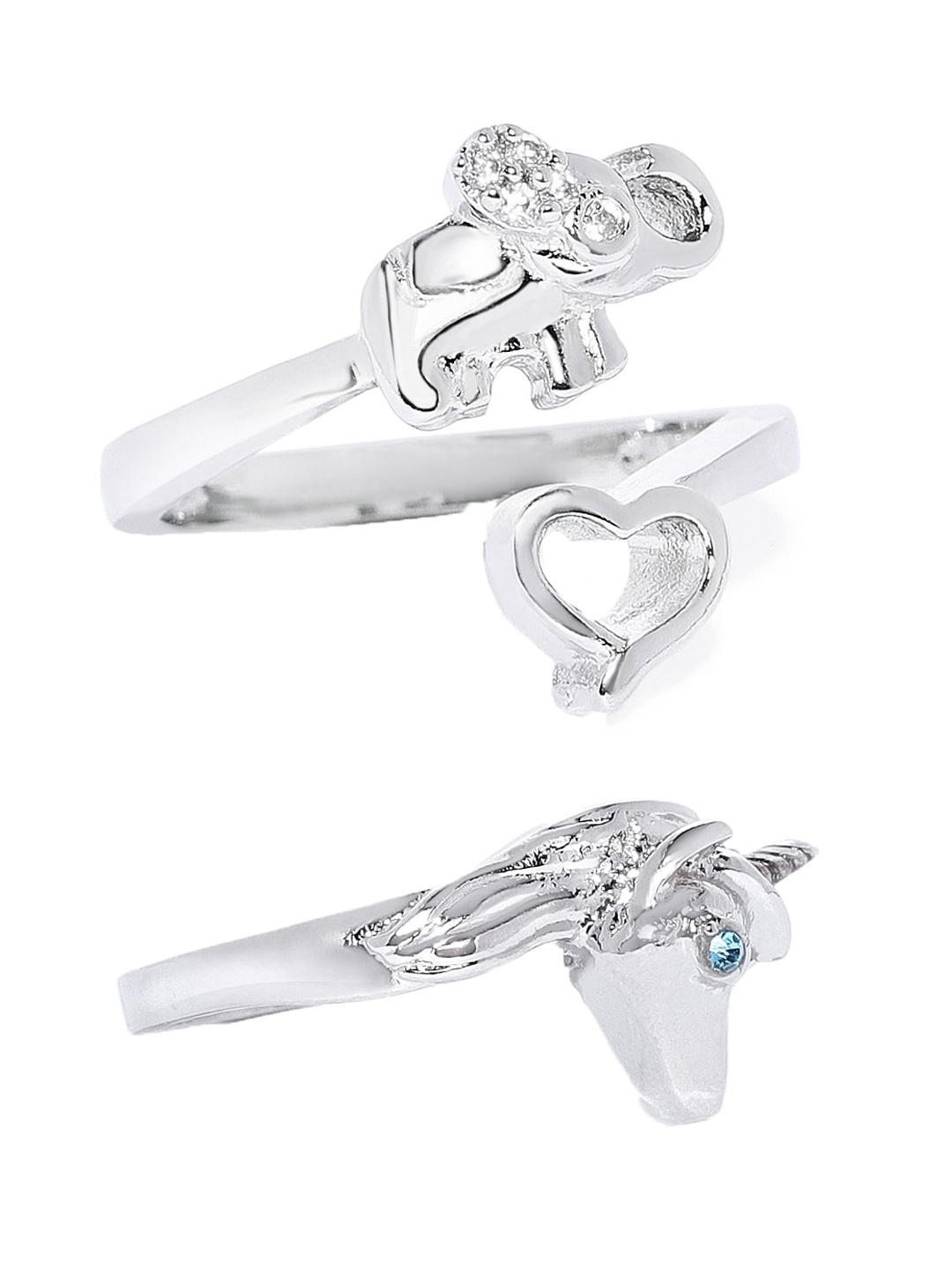 

Mahi Set Of 2 Rhodium-Plated Silver-Toned Stone-Studded Finger Rings
