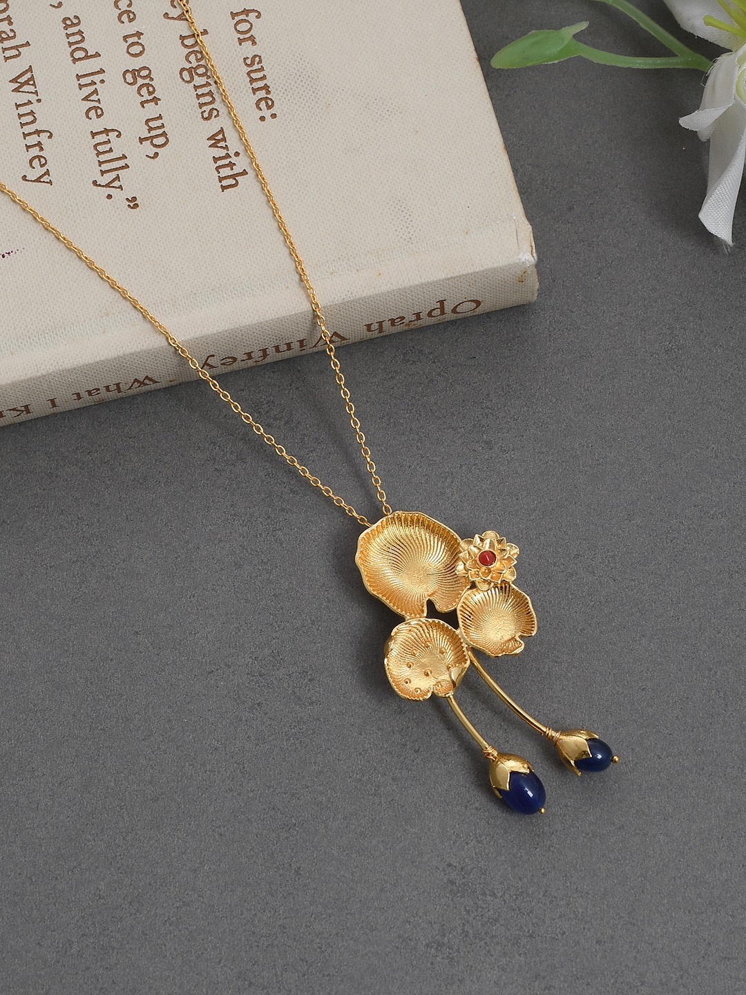 

Silvermerc Designs Gold-Plated Blue Contemporary Floral Handcrafted Pendant With Chain