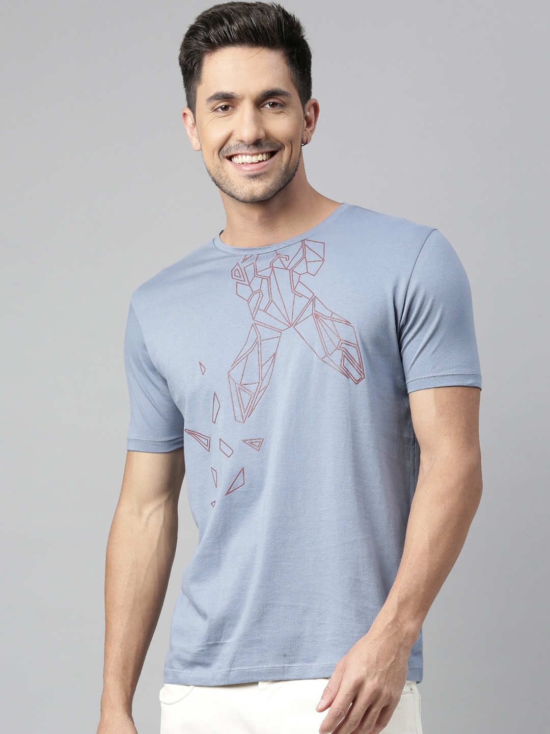

RARE RABBIT Men Login Slim Fit Printed Round Neck T-Shirt, Blue