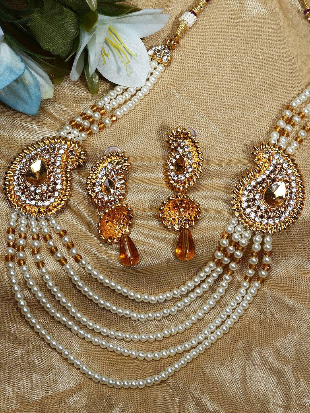 

ANIKAS CREATION White & Orange Gold-Plated Beaded Multi-Stranded Jewellery Set
