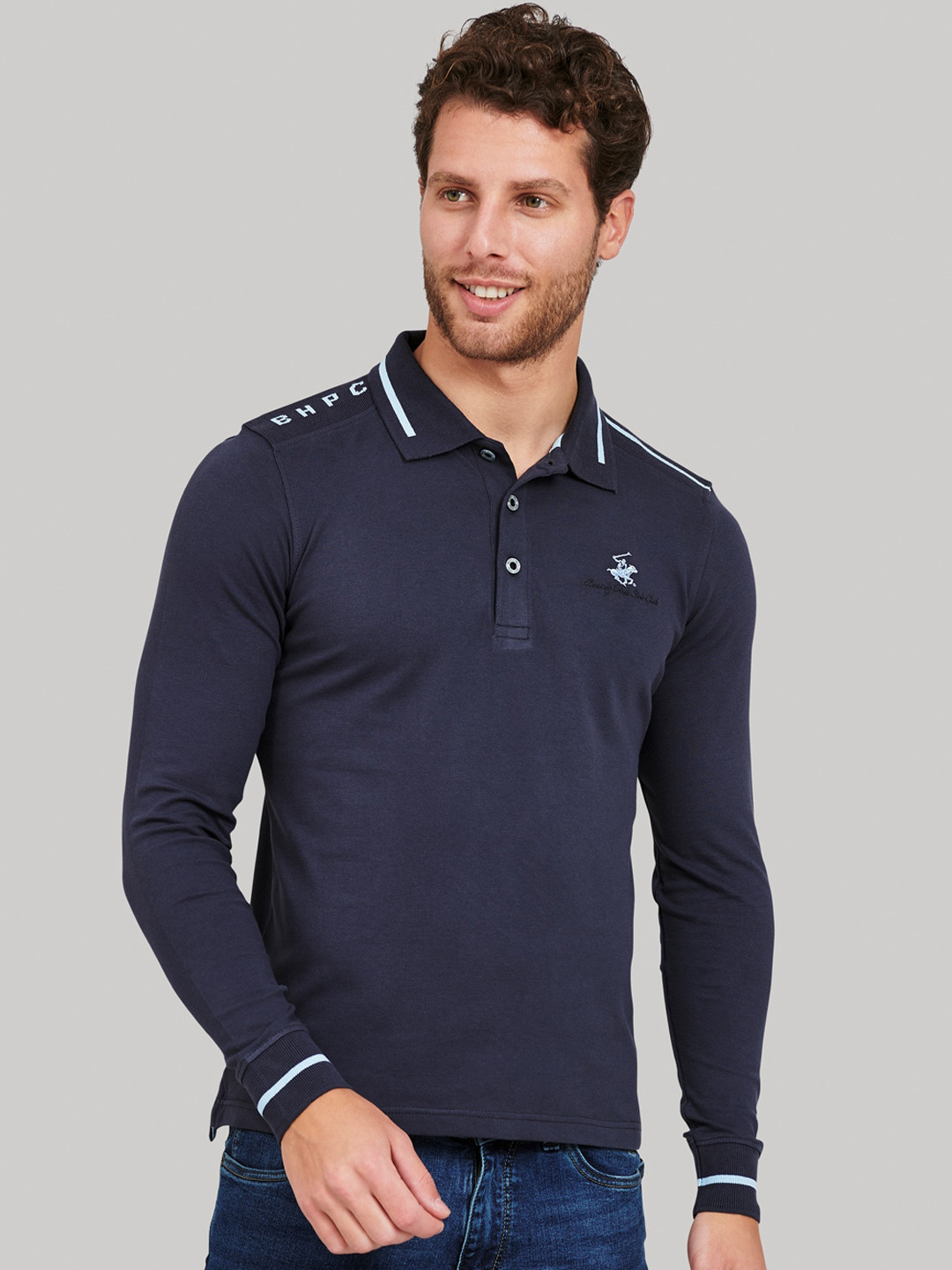 

Beverly Hills Polo Club Men Navy Blue Solid Polo Collar T-shirt