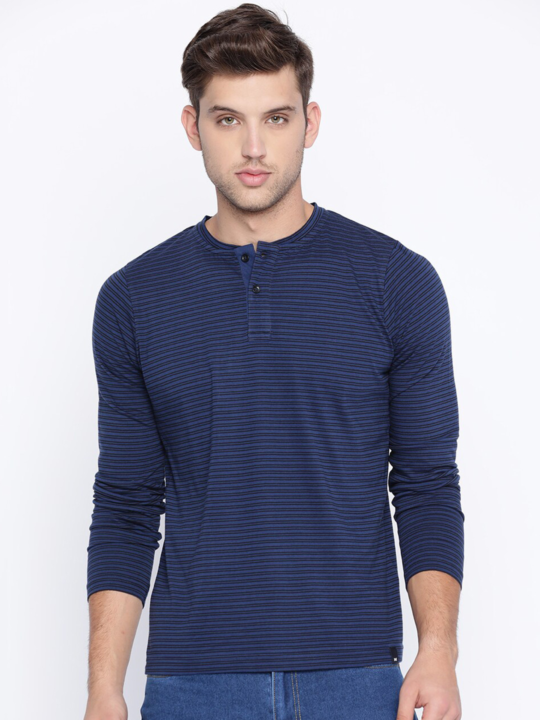 

Basics Men Blue Muscle Fit Striped Henley Neck T-shirt
