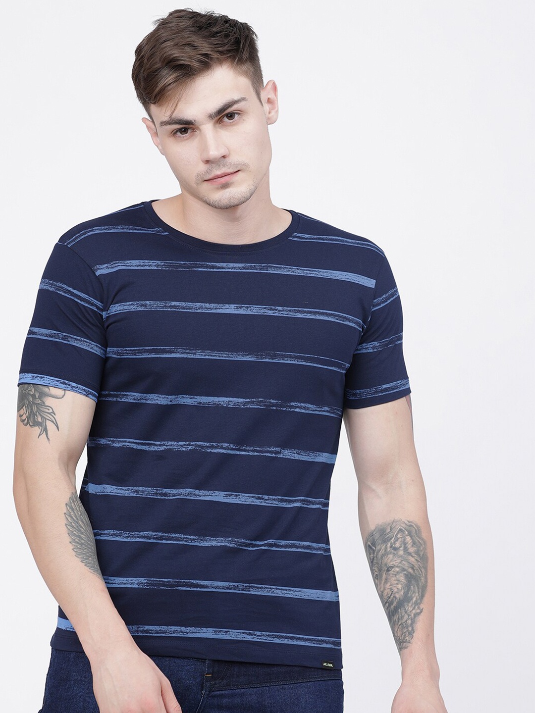 HIGHLANDER Men Navy Blue Striped Round Neck Cotton T-shirt