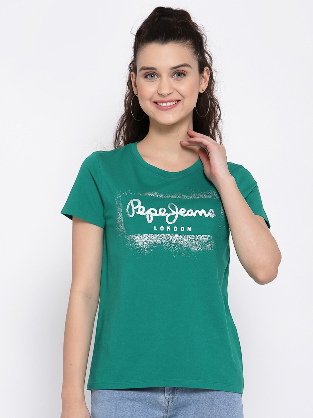 

Pepe Jeans Women Green Printed Round Neck Cotton Pure Cotton T-shirt